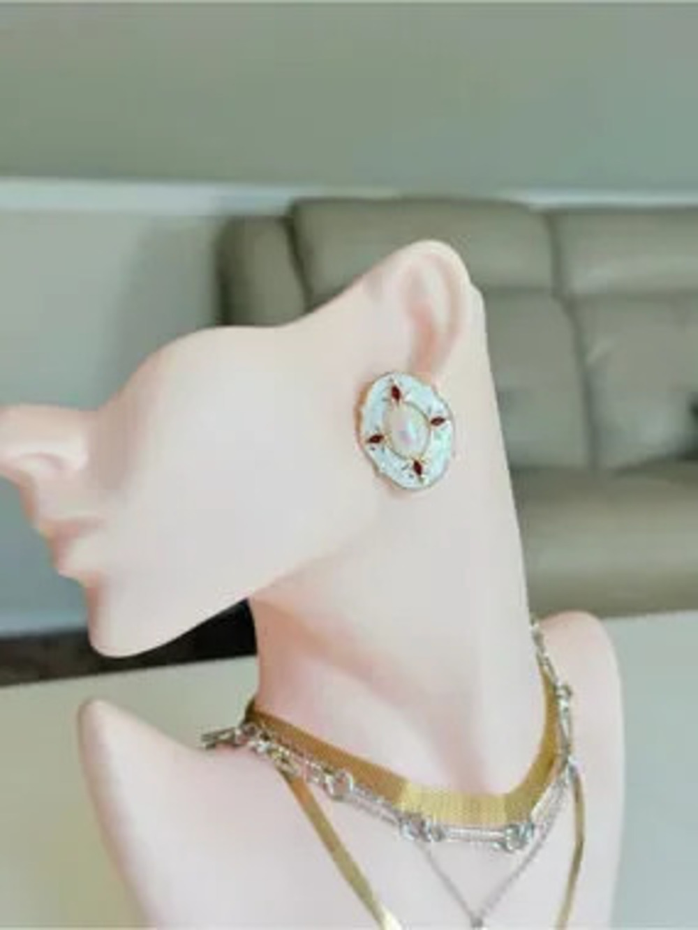 Gold-Tone White Enamel & Opal Center Earrings